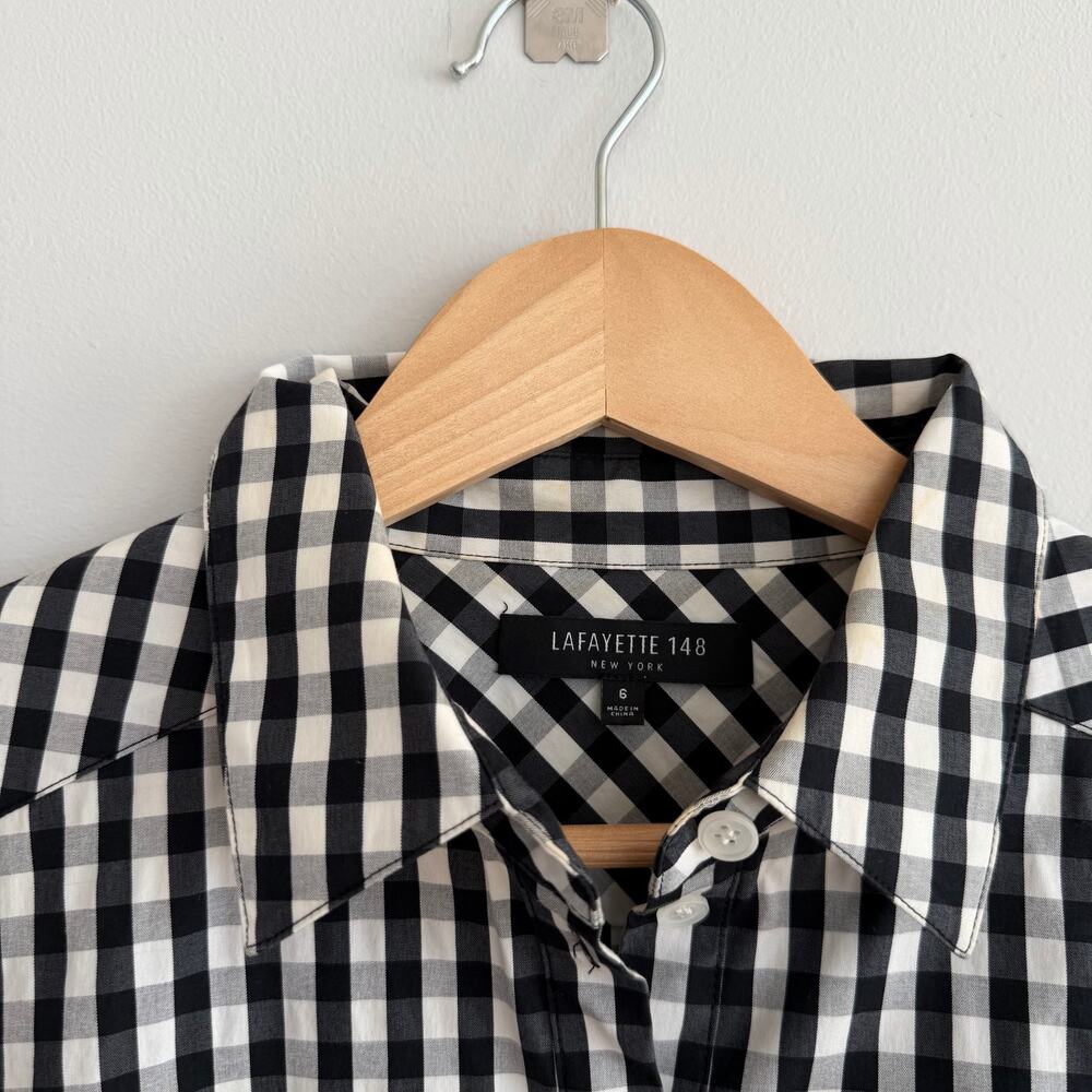 Lafayette 148 Gingham Pattern Long Sleeve Button Up Shirt Black White 6 - Picture 4 of 7